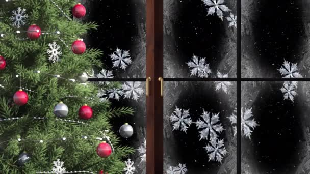 Animación Árbol Navidad Con Nieve Cayendo Vista Través Ventana Sobre — Vídeo de stock