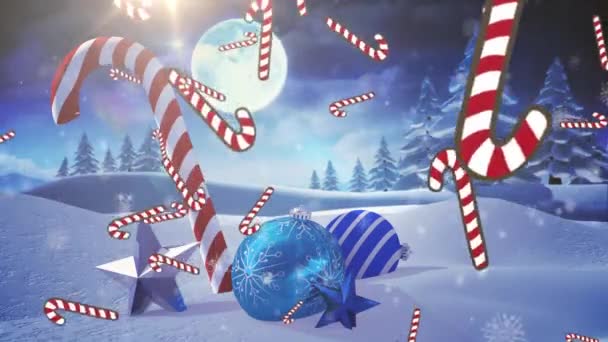 在圣诞装饰品和冬季风景之上 飘扬着雪花飘扬的糖果手杖 圣诞节 传统和庆祝概念数字制作的视频 — 图库视频影像