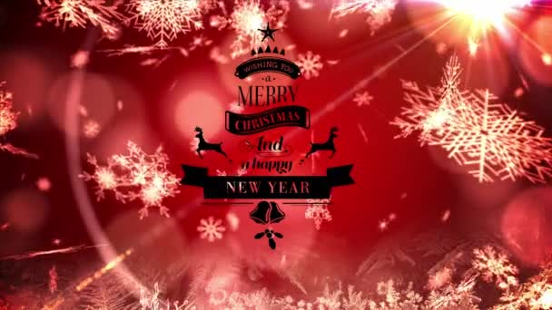 Animation Merry Christmas Happy New Year Text Snow Falling Red — Stock Video