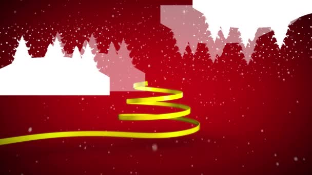 Animace Vánoční Žluté Stuhy Tvořící Vánoční Stromek Červeném Pozadí Vánoční — Stock video