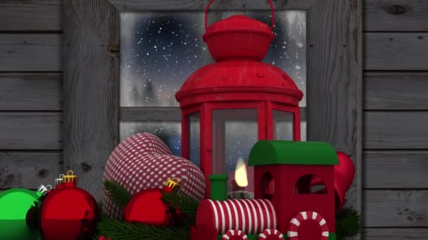 Animation Snow Falling Christmas Decorations Winter Scenery Seen Window — Stock Video