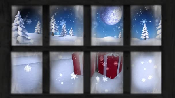 Hediyeler Kış Manzarasının Pencere Manzarasının Animasyonu Pencere Manzarası Noel Dekorasyonu — Stok video