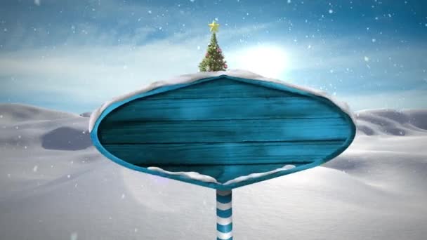 Animación Letrero Madera Árbol Navidad Sobre Paisaje Invierno Navidad Invierno — Vídeos de Stock