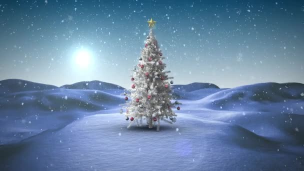 Sneeuw Valt Kerstboom Winterlandschap Tegen Lichtvlek Kerstfeest Viering Concept — Stockvideo