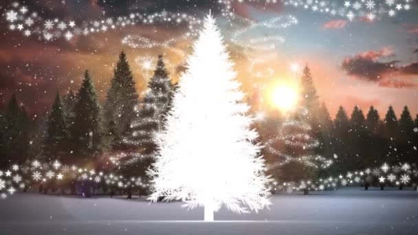 Neve Caindo Sobre Árvore Natal Paisagem Inverno Contra Vários Ícones — Vídeo de Stock