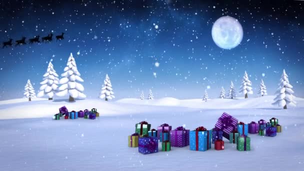 Animation Christmas Presents Santa Claus Sleight Reindeer Winter Scenery Christmas — Stock Video