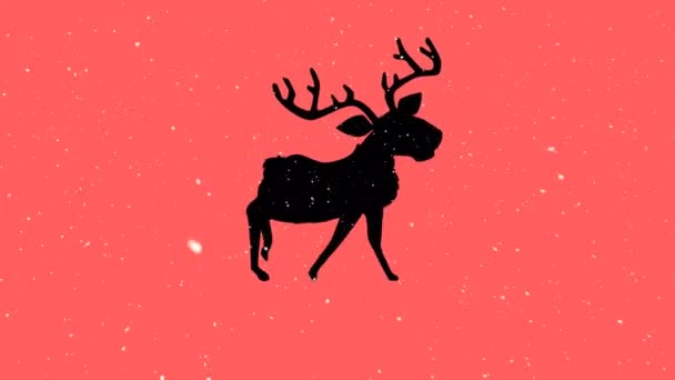 Snow Falling Silhouette Reindeer Walking Orange Background Christmas Festivity Celebration — Stock Video