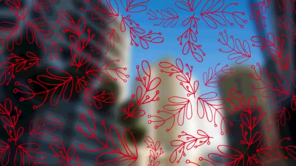 Κόκκινα Φύλλα Σχέδια Αδιάλειπτη Μοτίβο Έναντι Ψηλά Κτίρια Στο Παρασκήνιο — Αρχείο Βίντεο