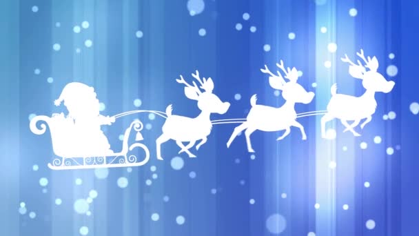 白い斑点と青い背景の光の道の上のトナカイによって引っ張られているそりのサンタクラス クリスマス フェスティバルとお祝いのコンセプト — ストック動画