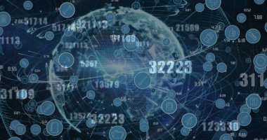 Arka planda değişen sayıların ve dijital simgelerin görüntüsü. küresel bağlantılar ve dijital arayüz konsepti dijital olarak oluşturulmuş görüntü.