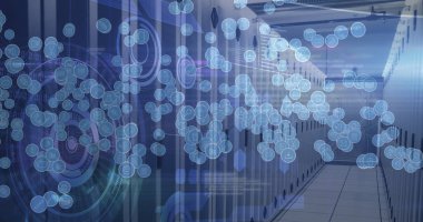 Arka plandaki bilgisayar sunucularını tarayan dijital simgelerin ve dürbünlerin resmi. küresel bağlantılar ve dijital arayüz konsepti dijital olarak oluşturulmuş görüntü.