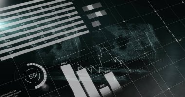 Siyah arkaplana karşı istatistiksel veri işlemesine karşı yüzen matematiksel denklemler. bilgisayar arayüzü ve teknoloji kavramı