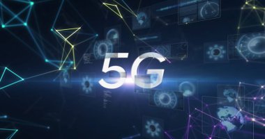 Ekranlarda tarama ve veri işleme kapsamı üzerinde 5G metin resmi. küresel bağlantılar, teknoloji ve dijital arayüz kavramı dijital olarak oluşturulmuş görüntü.