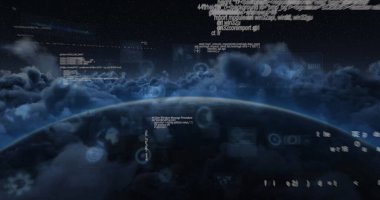 Dünya ve bulutlardaki ekranlarda tarama ve veri işleme dürbünü görüntüsü. küresel bağlantılar, teknoloji ve dijital arayüz kavramı dijital olarak oluşturulmuş görüntü.