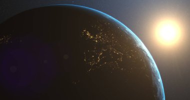 Dünya 'nın uzaydan görünen görüntüsü, Dünya' nın koyu arkaplan üzerindeki kusursuz uydu görüntüsü. Evrensel uzay keşfi uzay yolculuğu konsepti dijital olarak oluşturulmuş görüntü