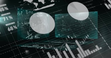 Hareket eden denklemlerin resmi ve arayüzde işlenen istatistiksel bilgi grafikleri. dijital arayüz teknolojisi, iş ve bilgi paylaşım kavramı, dijital olarak oluşturulmuş görüntü.