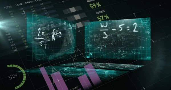 Równania Matematyczne Pływające Tle Przetwarzania Danych Statystycznych Czarnym Tle Interfejs — Zdjęcie stockowe