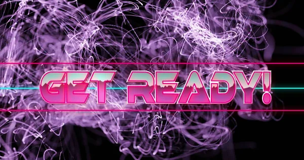 紫色の光道の爆発の上にピンクの金属文字で準備テキストを取得する画像 世界的なゲーム接続と通信の色と動きの概念デジタルで生成された画像 — ストック写真