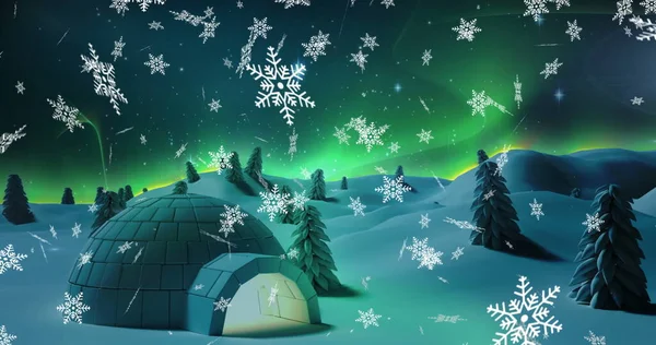 Digital Bild Snöflingor Faller Över Igloo Vintern Landskap Mot Månen — Stockfoto