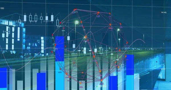 Obraz Ruchomych Wykresów Mapą Świata Szybką Autostradą Przodu Globalny Interfejs — Zdjęcie stockowe