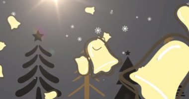 Yılbaşı ağaçlarının ve dekorasyonların üzerine yağan kar animasyonu. Noel, gelenek ve kutlama konsepti dijital olarak oluşturuldu.