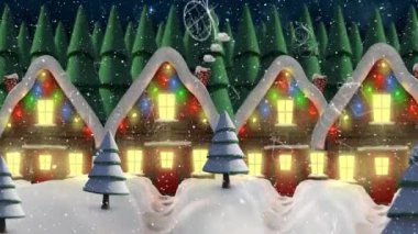 Kış manzarasına birden fazla ağaç ve ev yağan kar. Noel şenliği ve kutlama konsepti
