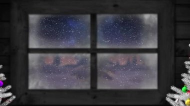 Karların düşüşünün animasyonu ve pencereden bakıldığında kış manzaralı Noel ağaçları. Noel, dijital arayüz ve dijital olarak oluşturulan kutlama konsepti.