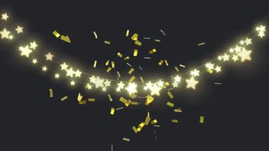 Siyah arka plana düşen noel ışıklarının ve konfetilerin animasyonu. Noel, gelenek ve kutlama konsepti dijital olarak oluşturuldu.