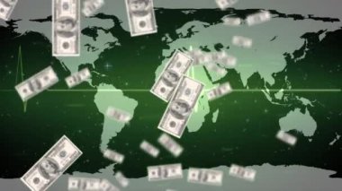 Kalp atış hızı monitörü ve dünya haritasında Amerikan doları banknotlarının animasyonu. küresel iş, finans ve bağlantılar konsepti dijital olarak oluşturulmuş video.