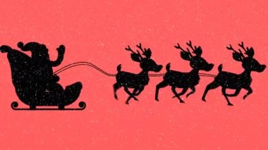Noel Baba 'nın siluetinin üzerine düşen kar, turuncu arka planda ren geyikleri tarafından çekiliyor. Noel şenliği ve kutlama konsepti