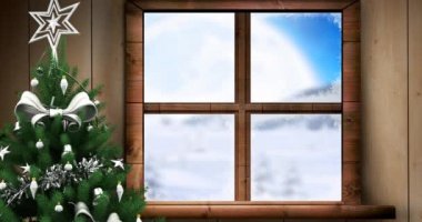 Pencereden ve noel ağacından görülen ren geyikleriyle kızakta Noel Baba 'nın animasyonu. Noel, gelenek ve kutlama konsepti dijital olarak oluşturuldu.