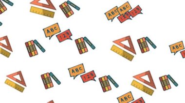 Beyaz arka planda sıra sıra mikroskopların, kitapların ve okul eşyalarının animasyonu. eğitim, okula dönüş ve dijital olarak üretilen video konsepti.