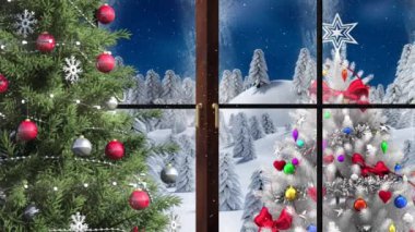 Noel ağacı ve pencere çerçevesi kış manzarasında beyaz Noel ağacının üzerine düşen kara karşı. Noel şenliği ve kutlama konsepti