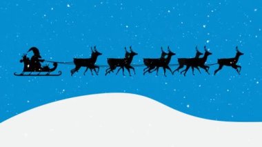 Noel Baba 'nın kızaktaki animasyonu. Mavi arka planda kar üzerinde hareket eden ren geyiği. Noel, gelenek ve kutlama konsepti dijital olarak oluşturuldu.