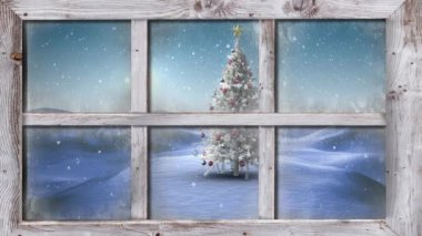 Pencere manzarası animasyonu Noel ağacı ve kış manzarası. Pencere manzarası ve Noel dekorasyonu animasyonu. Noel, kış, gelenek ve kutlama konsepti dijital olarak oluşturulmuş video.