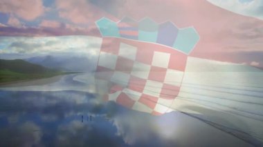 Sahilde dalgalanan Hırvat bayrağının animasyonu. seyahat, tatiller, vatanseverlik ve dijital olarak üretilen video konsepti.