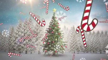 Kış manzarasında Noel ağacının üzerine düşen kar ve şeker kamışlarının animasyonu. Noel, kış, gelenek ve kutlama konsepti dijital olarak oluşturulmuş video.