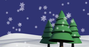 Kış mevsiminde ağaçların üzerine düşen kar taneleri mavi arka plana çarpıyor. Noel şenliği ve kutlama konsepti