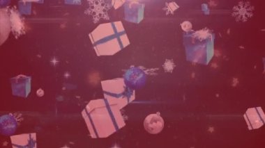 Yılbaşı hediyelerinin animasyonu, kırmızı filtreyle arka plandan düşen toplar ve kar. Noel, kış, gelenek ve kutlama konsepti dijital olarak oluşturulmuş video.