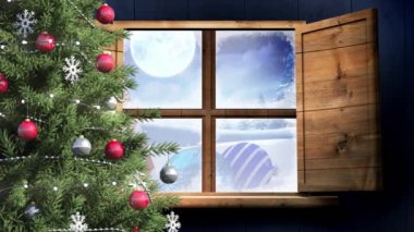 Kış manzarası animasyonu ve pencereden görülen noel süsü. Noel, gelenek ve kutlama konsepti dijital olarak oluşturuldu.