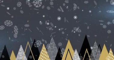 Yılbaşı ağaçlarının üzerine düşen kar animasyonu. Noel, kış, gelenek ve kutlama konsepti dijital olarak oluşturulmuş video.