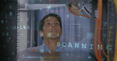 Teknisyen ve bilgisayar sunucusu üzerine siber saldırı uyarısı ile veri işleme animasyonu. küresel internet güvenliği, siber suç, veri işleme ve teknoloji konsepti dijital olarak oluşturulmuş video.