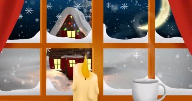 Geceleri yağan kar animasyonu. Pencereden görünen evle kış manzarası. Noel, gelenek ve kutlama konsepti dijital olarak oluşturuldu.