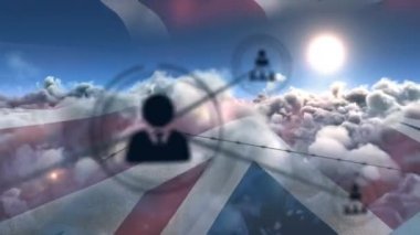 Birleşik Krallık bayrağı ve bulutları üzerindeki insanlarla simge bağlantıları ağının animasyonu. küresel bağlantılar, dijital arayüz ve teknoloji konsepti dijital olarak oluşturulmuş video.