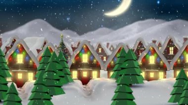 Karla kaplı evlerin üzerine düşen karların animasyonu. Peri ışıkları ve ay ile süslenmiş. Noel, gelenek ve kutlama konsepti dijital olarak oluşturuldu.