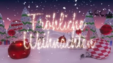 Mevsimin tebrik mesajlarının animasyonu, Noel Baba 'nın kızakta ren geyiği ve noel mücevherleriyle olması. Noel, gelenek ve kutlama konsepti dijital olarak oluşturuldu.