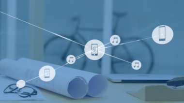 Mimari planlar üzerinden bağlantı ağının animasyonu. küresel bağlantılar, dijital arayüz ve teknoloji konsepti dijital olarak oluşturulmuş video.