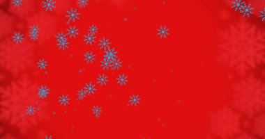 Kırmızı zemine düşen kar tanelerinin animasyonu. Noel, gelenek ve kutlama konsepti dijital olarak oluşturuldu.