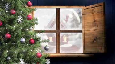 Pencereden görülen kış manzarası ve kar küresinin animasyonu. Noel, gelenek ve kutlama konsepti dijital olarak oluşturuldu.
