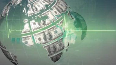 Grafik üzerinde dönen dolar küre animasyonu, kalp atış hızı monitörü ve yeşil arka planda dünya haritası. küresel ekonomi, iş ve mali veri kavramı dijital olarak oluşturulmuş video.